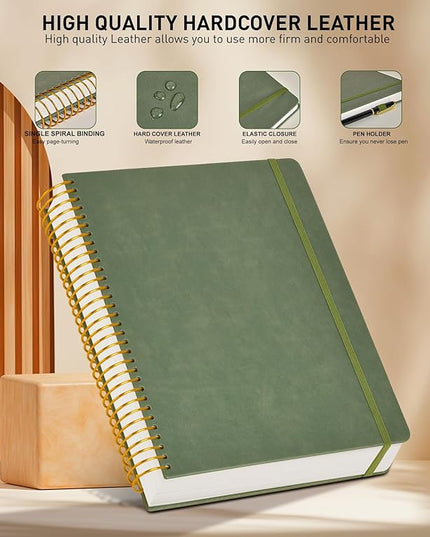 B5 Spiral Notebook Journal 7.6” x 10”, 300 Numbered Pages Hardcover Leather Journals for Women Men, Large Lined College Ruled Notebooks, 100GSM Thick Paper, Spiral Bound Journal for Work School, Green