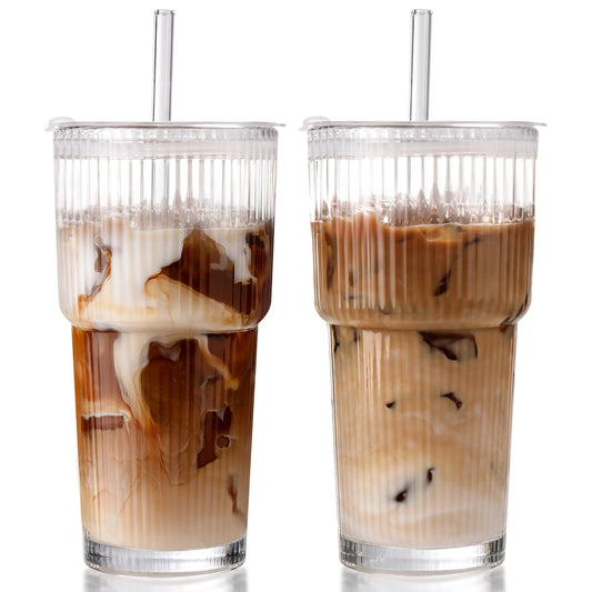 20oz Ribbed Glass Tumbler with Straw and Lid,2 Pcs Vintage Iced Coffee Cups