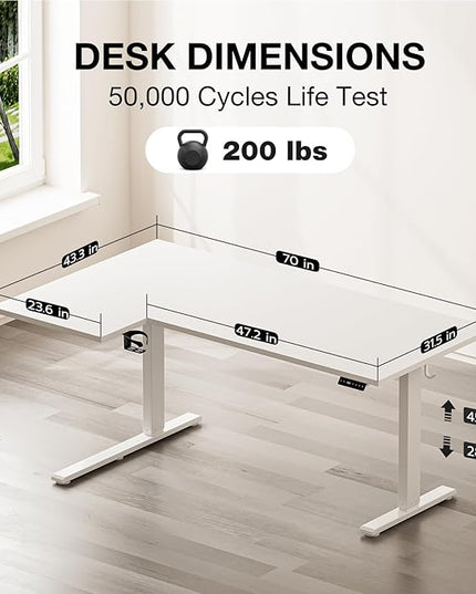 Muvai 71 Inch L Shaped Standing Desk Adjustable Height with Cable Management Tray,Gaming Electric Corner Standing Desk, Sit Stand Computer Table with Reversiable Splice Board, White
