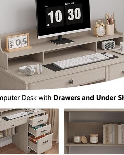 4 EVER WINNER Small Desk with Drawers, Computer Desk with File Cabinet & Monitor Stand, Home Office Desks with Drawers, Wood Writing Desk for Bedroom, Off White