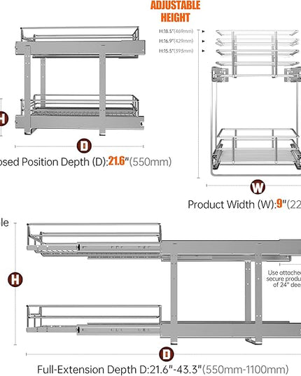 JOWBOOW 2-Tier Individual Cabinet Pull Out Shelves (9" W x 22" D), Slide Out Kitchen Panty Narrow Cabinet Storage Sliding Shelves