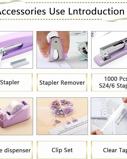 Office Supplies Set,Desk Accessories,Stapler And Tape Dispenser Set,Pen Holder,1000 Staples,Staple Remover,Hinder Clips,Ruler,Scissor,Index Tabs,Clear Tape,Ballpoint Pen,Sticky Notes,Coworkers(Purple)