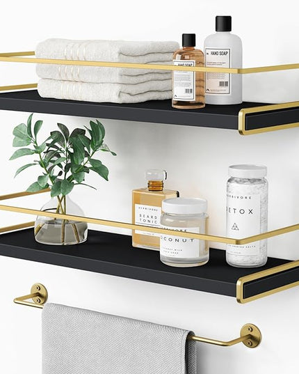 Forbena Black and Gold Bathroom Floating Shelves for Wall, Decorative Wall Mounted Shelves for Kitchen Coffee Bar Station Organizers and Storage, Hanging Shelving Unit for Bedroom Living Room (2-Pack)