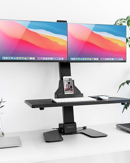 Mount-It! Double Monitor Electric Standing Desk Converter - 2 Screens Stand Up Desk Riser - Height Adjustable Desktop & 2 Mounts for Screens up to 32", Sit-Stand Convertor for Home, Office, School