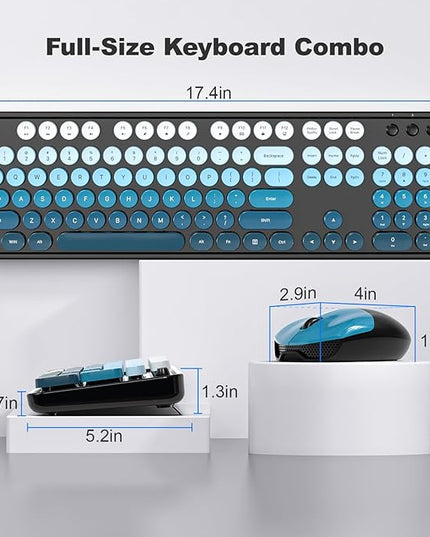 MOFII Wireless Keyboard and Mouse Combo, Full Size 2.4G Plug and Play Typewriter Retro Round Computer Keyboard and Mouse Set for Windows, Computer, Desktop, PC, Notebook - (Black Blue Gradient)
