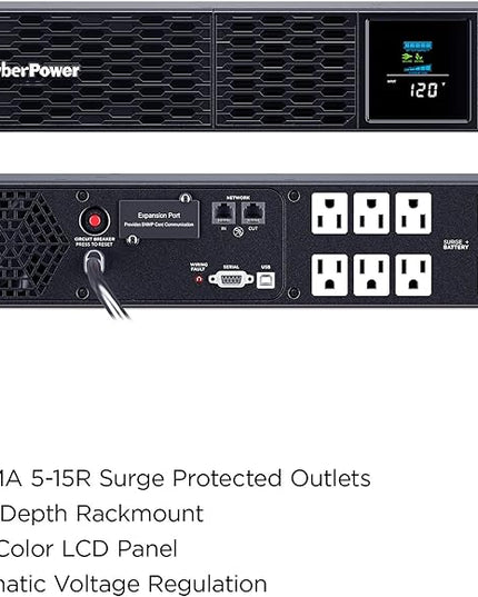 CyberPower CP1500PFCRM2U PFC Sinewave UPS Battery Backup and Surge Protector, 1500VA/1000W, 8 Outlets, AVR, Short Depth 2U Rackmount; UL Certified