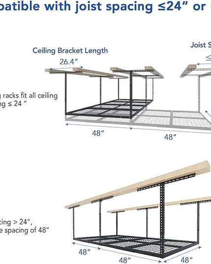 FLEXIMOUNTS 4x8 Overhead Garage Storage Rack, Adjustable Organization System, Heavy-Duty Metal Ceiling Racks, 750lbs Weight Capacity, Hammertone, Classic Series