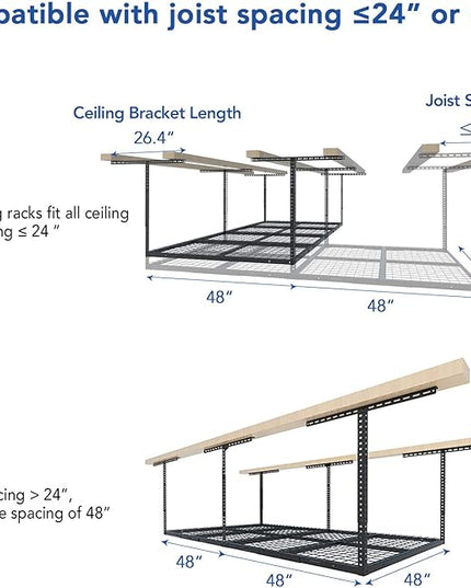 FLEXIMOUNTS 4x8 Overhead Garage Storage Rack, Adjustable Organization System, Heavy-Duty Metal Ceiling Racks, 750lbs Weight Capacity, Black, Classic Series