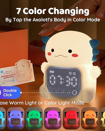 Axolotl Alarm Clock with Night Light for Kids, Rechargeable Silicone Lamp Time to Wake Clock Cute Animal Tabletop Lamp, Perfect Sleep Companion for Boys Girls, White