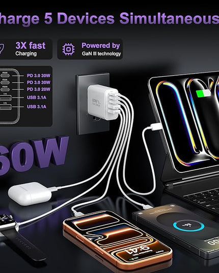 USB C Fast Charger Block, 60W USBC Wall Charger Plug, 2Pack 5-Port Type C Phone Charging Cubes Power Adapter Multiport Brick for iPhone 17/16/15/14/13/12/11/Pro Max/Plus/Air, iPad mini/Pro,Galaxy S25