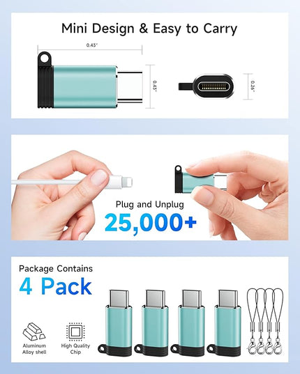 Lightning to USB C Adapter 4 Pack - Fast Charging & Data Transfer USB Type C to Lightning Charger Connector Compatible with iPhone 15/16/17 Pro Max/Plus, Samsung, Pixel - (Not for Audio/OTG)-Green