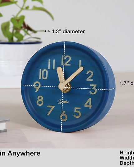 Driini Wooden Analog Desktop Clock – 4.3 in. Decorative Pinewood, No-Tick Design – Easy to Read Silent Sweep Mantle Clock – Quiet Tabletop Clocks with Wood Body, Hands, & Battery Cover; Blue