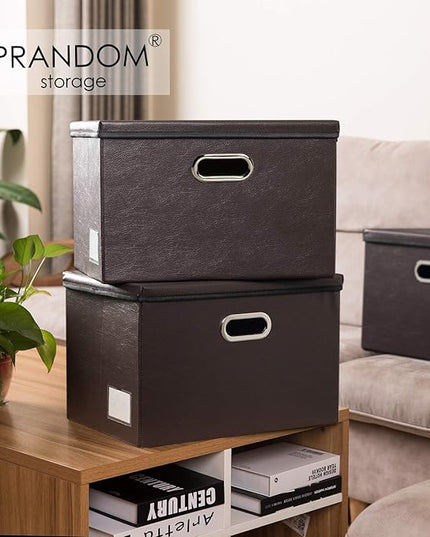 PRANDOM Large Collapsible Storage Bin with Lid [1-Pack] Leather Fabric Foldable Storage Box Organizer Containes Basket Cube with Cover for Home Bedroom Closet Office Nursery Brown (17.7x11.8x11.8)