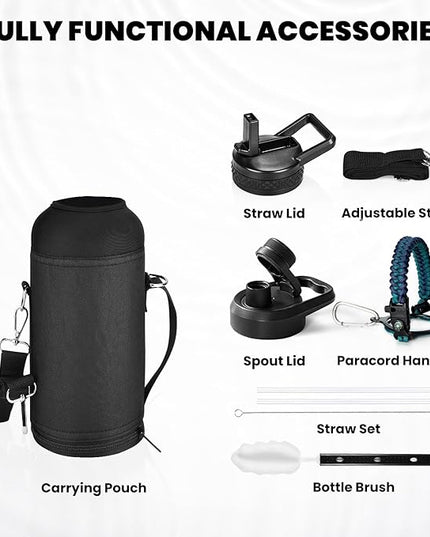 Insulated Water Bottle 32 oz, Triple Wall Vacuum Stainless Steel (Cold for 48 Hrs), Leak Proof & Non-BPA, Modern Water Flask Jug with Paracord Handle & Straw Spout Lids, Cyan Blue