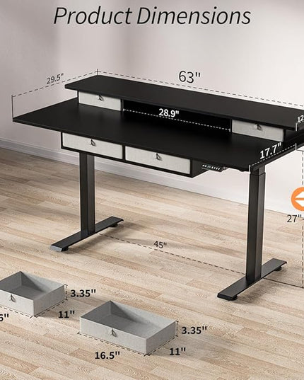 Kingant Standing Desk with Drawers & USB Charging Port, 63" x 30" Height Adjustable Home Office & Gaming Desk, Sit Stand Desk with Built-in Storage Shelf, Hook & Ergonomic Design(Classic Black)