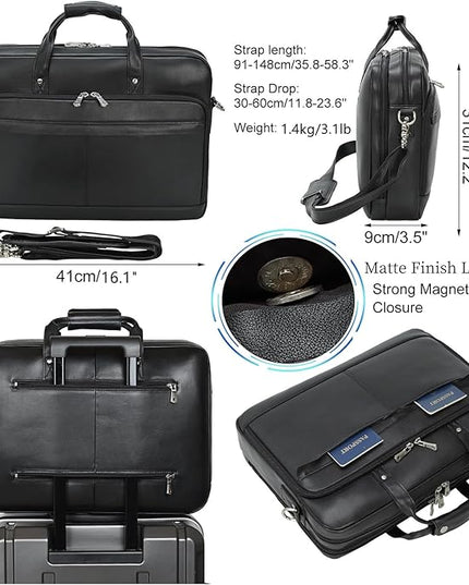 Masa Kawa Leather Briefcase for Men 17/15.6" Laptop Crossbody Shoulder Messenger Bag Business Travel Work Attache Case