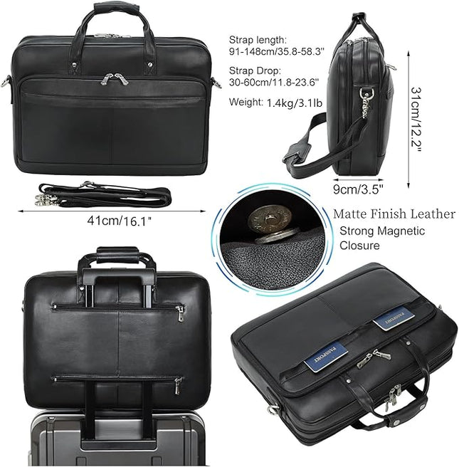 Masa Kawa Leather Briefcase for Men 17/15.6" Laptop Crossbody Shoulder Messenger Bag Business Travel Work Attache Case