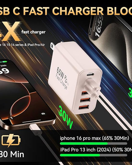 USB C Fast Charger Block, iPhone Charger Fast Charging Blocks 65W Multi Port Charger 6-Ports PD & QC Charging Cube Brick Power Adapter Type C Wall Chargers for iPhone 17/16/15/14/13/12 Pro Max, iPad