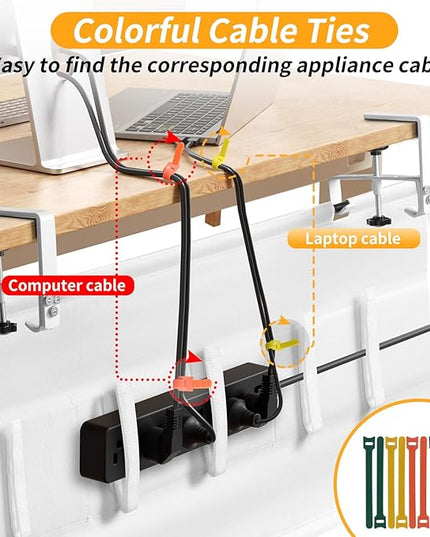 No Drill Under Desk Cable Management Tray, 48" Cord Organizer with Clamp, Fabric Cable Management for Standing Desks, Ideal for Home & Office - White