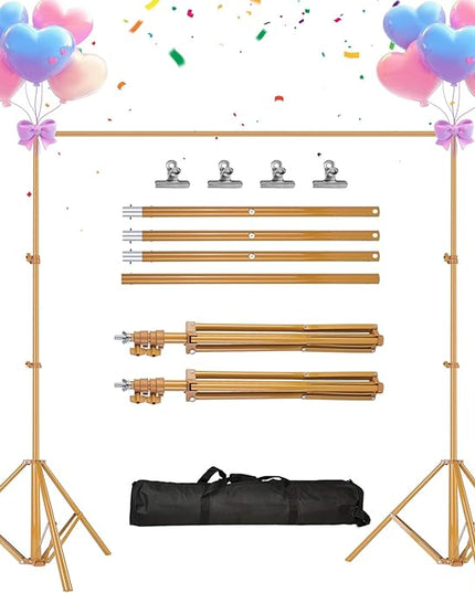 iMounTEK Backdrop Stand for Parties, Banner Stand Photographic Studio Photo Backgrounds 10ft Adjustable Photo Backdrop Stand Kits with a Carrying Bag Photo Backdrop Stand for Birthday/Wedding(Gold)
