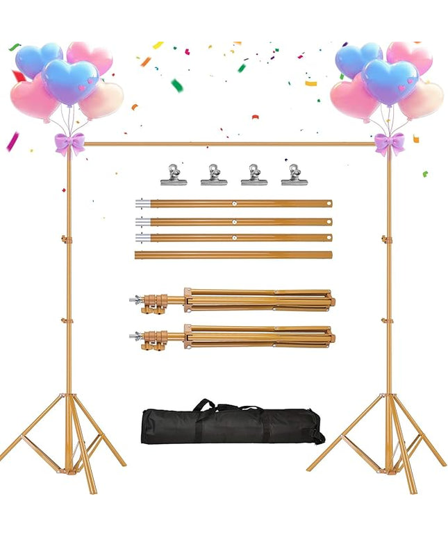 iMounTEK Backdrop Stand for Parties, Banner Stand Photographic Studio Photo Backgrounds 10ft Adjustable Photo Backdrop Stand Kits with a Carrying Bag Photo Backdrop Stand for Birthday/Wedding(Gold)