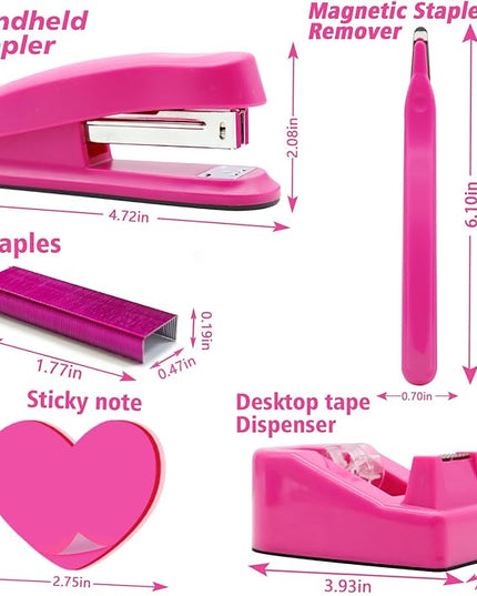Hot Pink Office Supplies, UPIHO Hot Pink Desk Accessories, Stapler and Tape Dispenser Set for Women with Stapler, Tape Dispenser, Staple Remover, Staples, Clips, Scissor and Sticky Notes for Students
