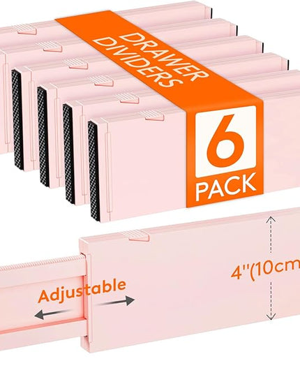 Lifewit 6 Pack Drawer Dividers 4" High, 11-17" Adjustable Drawer Organizers for Clothes, Expandable Dresser Separators in Bedroom/Bathroom/Kitchen/Fridge/Office Organization and Storage, Pink