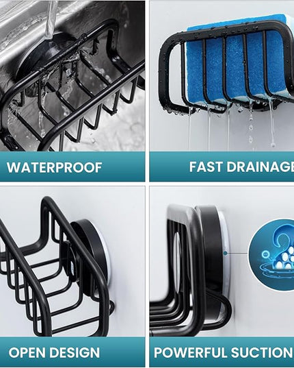 TAILI Sponge Holder for Kitchen Sink with Strong Suction Cup, Rustproof Aluminum Sink Caddy, Removable Sponge Holder, Dish Brush for Scraper - Black