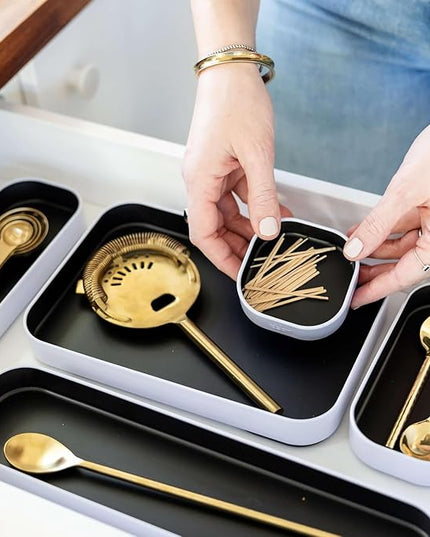 Three by Three Seattle 5 Piece Metal Organizer Tray Set for Storing Makeup, Stationery, Utensils, and More in Office Desk, Kitchen and Bathroom Drawers (1 Inch, Black)