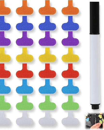 32 Pcs Cord Labels for Electronics with Pen, Write-On Cable Labels Tags with Self-Adhesive Hook and Loop, Multi-Color Wire Markers for Computer Cable Management and Identification 8 Colors
