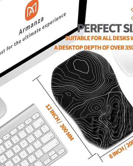 Ergonomic Slope Mouse Pad Wrist Support, Wrist Rest Mousepad for Carpal Tunnel Pain Relief with Massage Bulge and Slow Rebound Memory Foam (12x8 inch, Black Contour Lines)