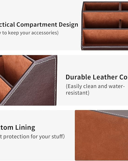 KINGFOM Pu Leather Desk Organizer with 5 Compartments Holder, Multi-Functional Office Supplies Storage Caddy for Pen/Pencil, Phones, Remote Controller and Desktop Accessorie Brown
