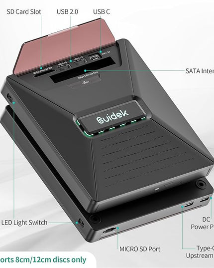 CD DVD Drive External, Portable CD DVD Driver +/-RW Burner with 2.5" SATA,SD Card Reader and USB A Type C 2.0 Hub Compatible with Laptop PC