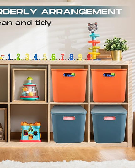 Hoolerry 8 Pieces Colorful Storage Bins with Lid, Plastic Storage Basket Organizing Container Stackable Box with Handle for Shelves Desktop Playroom Office(14.2 x 10.2 x 9.5 Inch,Blue and Orange)