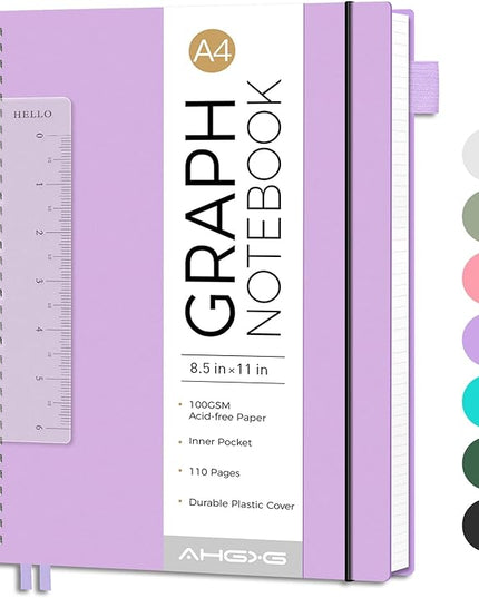 AHGXG Graph Paper Notebook - Spiral Notebook 8.5" x 11", A4 Large Graph Notebook, 100 gsm Thick Grid Paper, Waterproof Plastic Cover Journals for School Writing Engineering Math, Purple