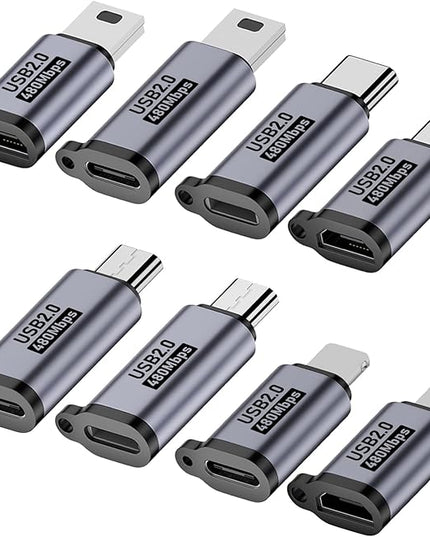 USB C to Micro USB/Mini USB/Lighting Adapter, Light-ning to USB C/Micro USB Converter, Micro USB 2.0 to Type C/Lighting/Mini USB Connector (8 Pack)