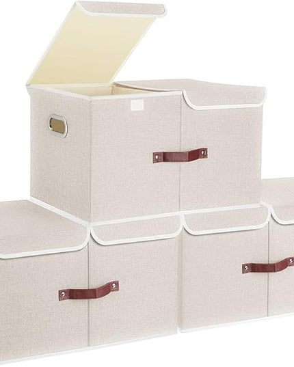 TYEERS Extra Large Collapsible Storage Bins with Lids and Compartments, Washable, Fabric Storage Boxes, 21.7x13x11.8 inches, 3 Pack, Beige