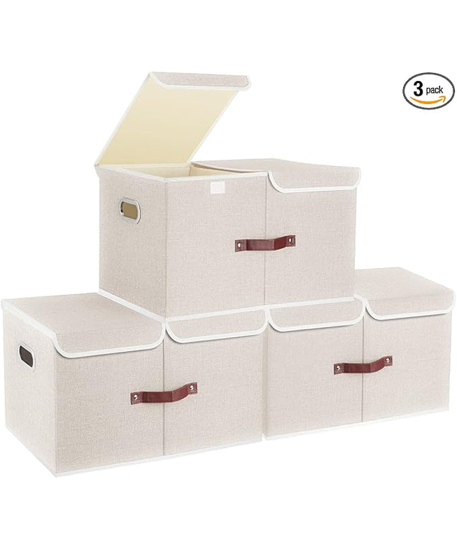 TYEERS Extra Large Collapsible Storage Bins with Lids and Compartments, Washable, Fabric Storage Boxes, 21.7x13x11.8 inches, 3 Pack, Beige