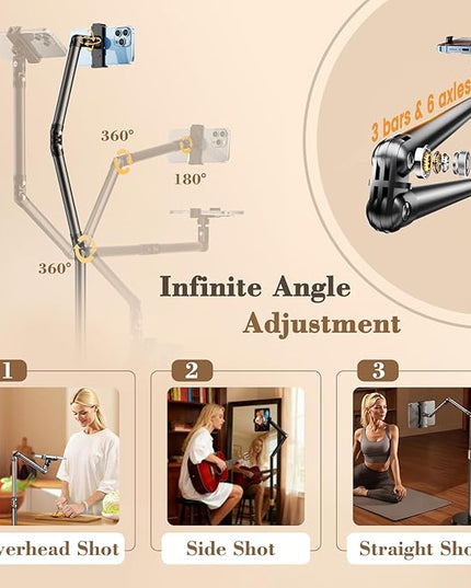 iBooMas iPad Stand,Tablet Floor Stand with Wireless Remote, Full-Angle Adjustable Overhead Phone Mount for Bed, 66" Tall Metal Stand with Heavy Base for iPad iPhone Kindle 4.7-12.9 Inch