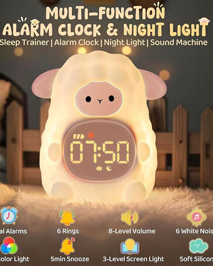 Sheep Alarm Clock with Night Light for Kids with Sleep Training and Sound Machine, Rechargeable Silicone Lamp OK to Wake Clock，Cute Animal Tabletop Lamp, Perfect Sleep Companion for Boys Girls, Pink