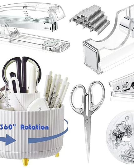 Desk Organizers and Accessories Set with 360-Degree Rotating Pen Holder, Acrylic Stapler, Tape Holder, Staple Remover, Binder/Paper Clips Kit, Scissor and 1 Box of Staples