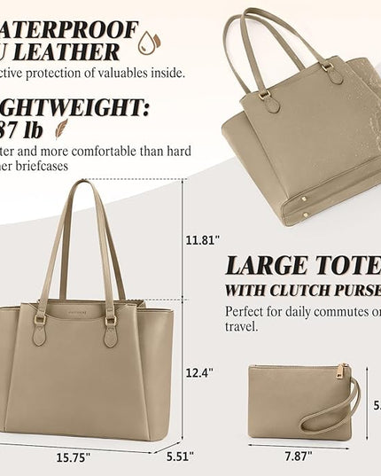 RAINSMORE Laptop Bag for Women 15.6 Inch Work Tote Bags Waterproof Computer Bags Leather Professional Laptop Purse Womens Laptop Briefcase Large Handbag for Office Teacher Travel, Beige
