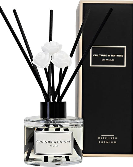 CULTURE & NATURE Reed Diffuser Set 4oz (120ml) Jasmine Scented Diffuser with Sticks Home Fragrance Reed Diffuser for Bathroom Shelf Decor