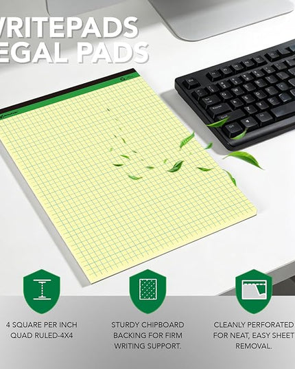 KAISA Graph Paper Legal Pads Writing Pads Recycled Paper 8.5"x11.75" Quad Ruled 4x4 Perforated 50 sheets/pad Grid Paper Yellow Notepads Writing Tablet For Office Supplies (Canary 6pad, 8.5x11.75'')