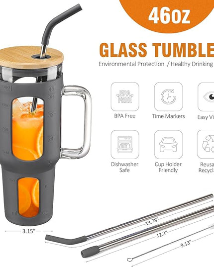 Glass Tumbler with Lid and Straw, 46 oz Iced Coffee Cup with Handle, Large Water Bottles with Silicone Sleeve, Glass Cup with Straws - Pearl Straw & Drinking Straw BPA Free-Grey