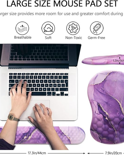 Mouse Pad Wrist Support, Laokiiy 2 in1 Keyboard Wrist Rest+ Ergonomic Mouse Pad, Non-Slip Wrist Rest for Computer Keyboard, Made Easy Typing & Relieve Wrist Pain(Amethyst Purple Marble)