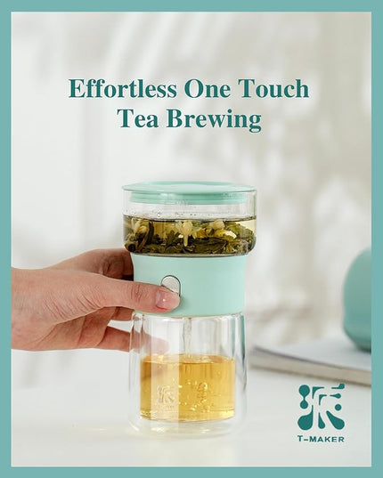 ZENS Modern Glass infuser Teapot, Small One Touch Tea Maker for Loose Tea Diffusers with 200ml Insulated Cup and Blue Portable Carry Case, Magic Gongfu Tea Pot for Tea Lovers Gifts