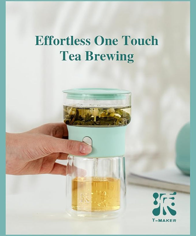 ZENS Modern Glass infuser Teapot, Small One Touch Tea Maker for Loose Tea Diffusers with 200ml Insulated Cup and Blue Portable Carry Case, Magic Gongfu Tea Pot for Tea Lovers Gifts