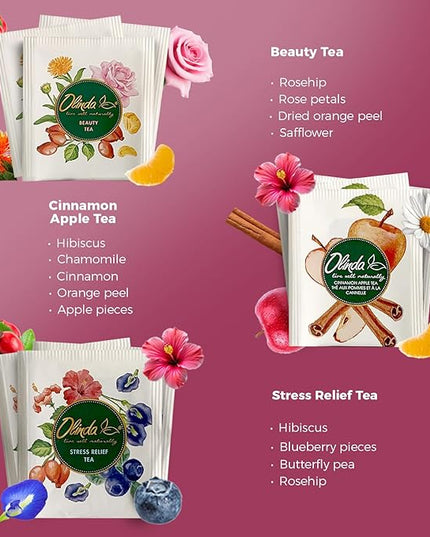 Olinda Healing Flowers & Roots Gift Box Natural Caffeine Free Tea Herbal Tea Bags Healthy Beauty Tea Wellness Stress Relief Tea Sampler Gift Set Premium 9 Vareity Individually Wrapped 45 Tea Bags 1 Tea Gift Box for Women