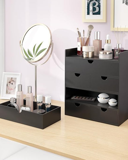 Bamboo Desk Organizer with Drawers Desktop Storage Drawers for Bills Office Supplies Kitchen Utensils Organizing Tool for Home Classroom Organization No Assembly (Black with Shelf)